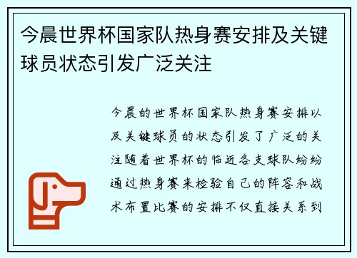 今晨世界杯国家队热身赛安排及关键球员状态引发广泛关注