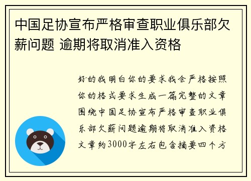 中国足协宣布严格审查职业俱乐部欠薪问题 逾期将取消准入资格